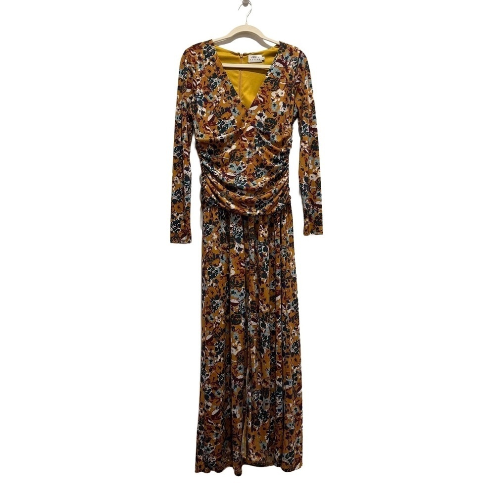 Tanya Taylor Maxi Dress Womens Mustard Yellow Floral Long Sleeve V-Neck Ruched M